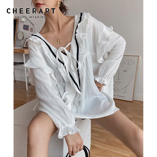 autumn long sleeve women ruffle blouse white v neck tie front oversized plus size casual 210427
autumn long sleeve women ruffle blouse white v neck tie front oversized plus size casual 210427