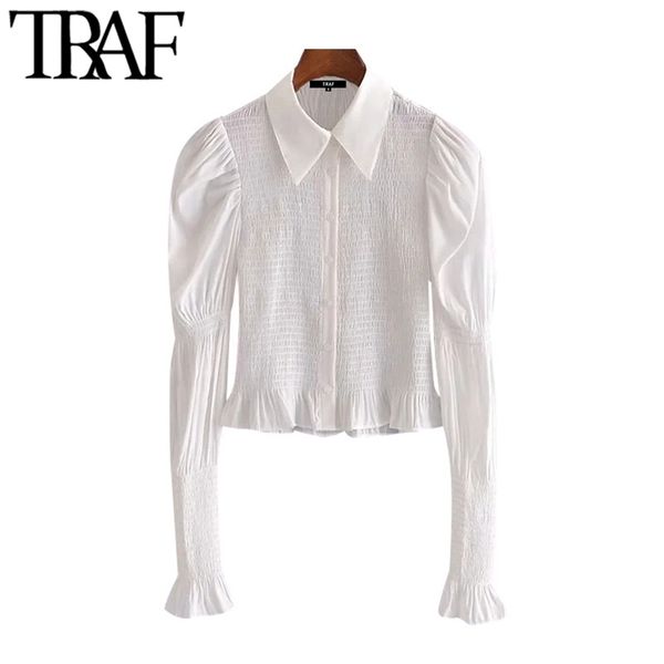 women fashion smocked elastic fitted blouses vintage puff sleeve button-up female shirts blusas chic 210507, White
women fashion smocked elastic fitted blouses vintage puff sleeve button-up female shirts blusas chic 210507, White