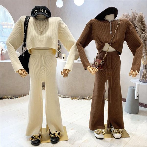 women's two piece pants clothing 2021 autumn winter short pullover knitted sweater + high waist split wide leg casual two-piece set, White
women's two piece pants clothing 2021 autumn winter short pullover knitted sweater + high waist split wide leg casual two-piece set, White