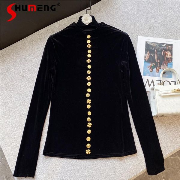 women's blouses & shirts 2021 autumn fashion brass buckle decorative slim pullover women half-high collar long sleeves black shirt for, White
women's blouses & shirts 2021 autumn fashion brass buckle decorative slim pullover women half-high collar long sleeves black shirt for, White
