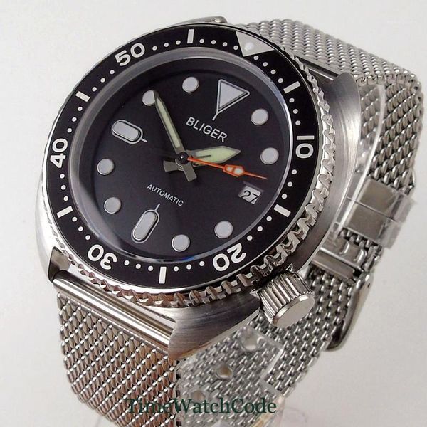 45mm japanese nh35a men's watch sapphire crystal date green c3 lume hands automatic movement black dial mesh band aluminum bezel wristw, Slivery;brown
45mm japanese nh35a men's watch sapphire crystal date green c3 lume hands automatic movement black dial mesh band aluminum bezel wristw, Slivery;brown