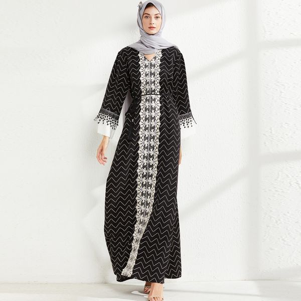 women's runway dress v neck long sleeves embroidery lace patchwork tassels sash belt fashion long dresses vestidos, Black
women's runway dress v neck long sleeves embroidery lace patchwork tassels sash belt fashion long dresses vestidos, Black