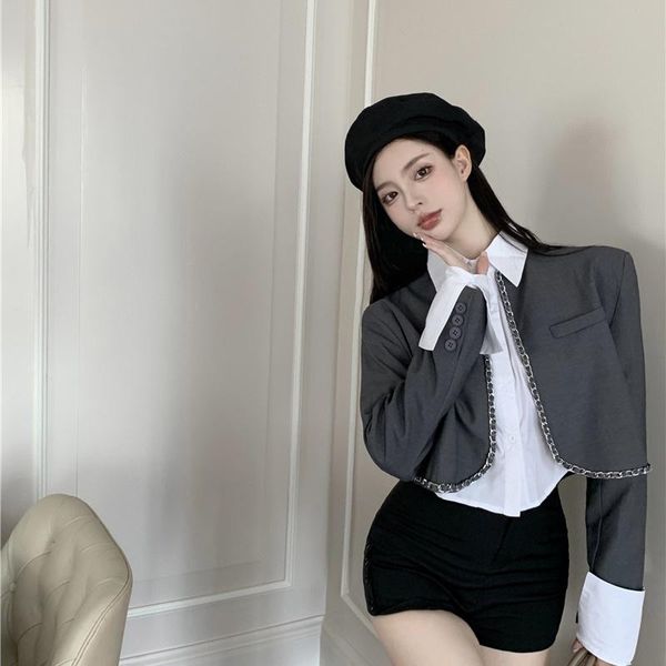 two piece dress short temperament suit coat women's slim fit button less chain inlaid collar autumn, White
two piece dress short temperament suit coat women's slim fit button less chain inlaid collar autumn, White