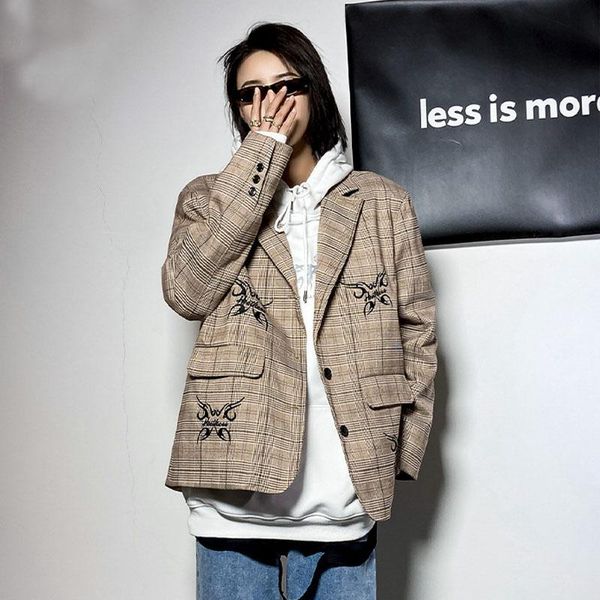 men women plaid embroidery loose casual suit blazers jacket male streetwear hip hop vintage coat for couple men's suits, White;black
men women plaid embroidery loose casual suit blazers jacket male streetwear hip hop vintage coat for couple men's suits, White;black