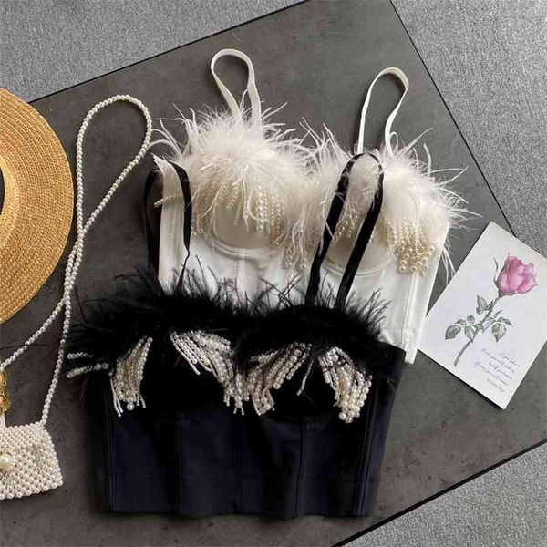 summer faux feather pearl beading tank spaghetti strap padded crop night club bandage s 210603, White
summer faux feather pearl beading tank spaghetti strap padded crop night club bandage s 210603, White