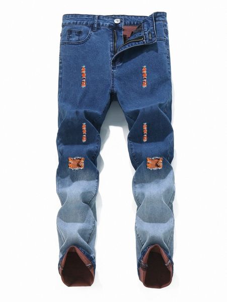 romwe guys ripped ombre skinny jeans m39e#, Blue