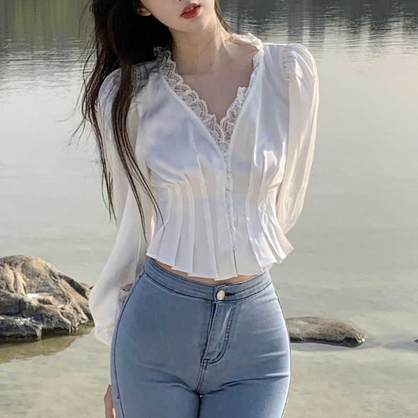 womengaga spring summer pleated waist slim french korean white lace long sleeve shirt blouse women qw4 210603
womengaga spring summer pleated waist slim french korean white lace long sleeve shirt blouse women qw4 210603