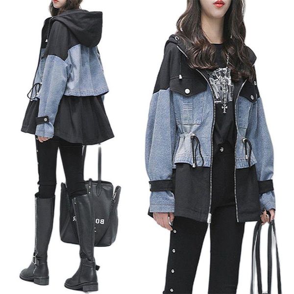 women's trench coats casual denim jacket mid-length spring autumn 2021 korean loose fashion splicing windbreaker outerwear f894, Tan;black
women's trench coats casual denim jacket mid-length spring autumn 2021 korean loose fashion splicing windbreaker outerwear f894, Tan;black