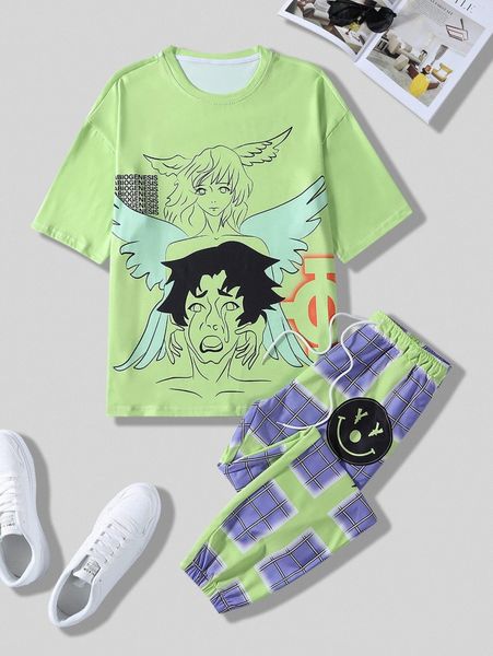 men random figure graphic tee & plaid drawstring waist sweatpants 47rl#, Gray 
men random figure graphic tee & plaid drawstring waist sweatpants 47rl#, Gray