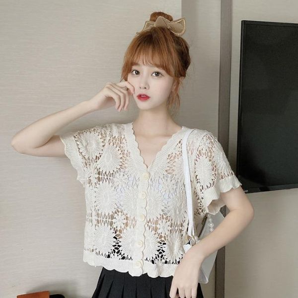 women's blouses & shirts hollow out floral sweet style perspective crop v-neck loose clothing white korean clothes 2021
women's blouses & shirts hollow out floral sweet style perspective crop v-neck loose clothing white korean clothes 2021