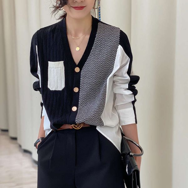 sweater knitwear autumn irregular shirt stitching style knitted cardigan, White;black
sweater knitwear autumn irregular shirt stitching style knitted cardigan, White;black