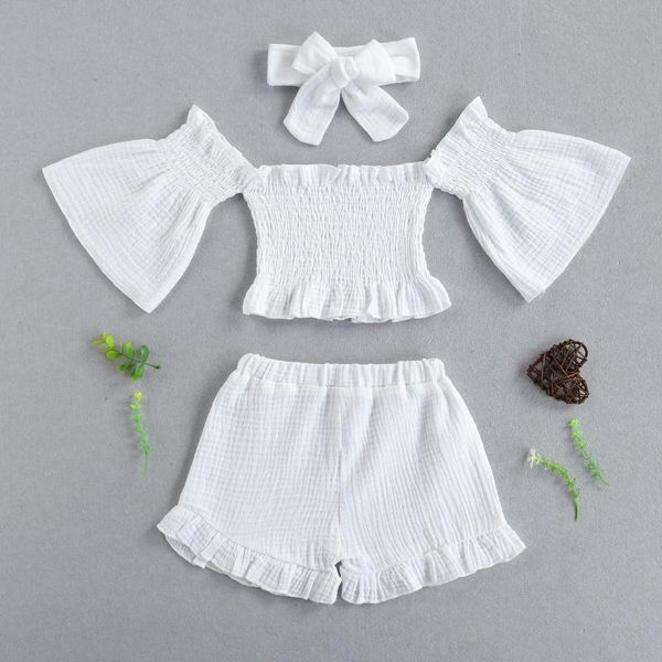 clothing sets 3 pcs infant solid color outfits, baby girls off shoulder flare sleeves boat neck + ruffle shorts bowknot headband (1-3y), White
clothing sets 3 pcs infant solid color outfits, baby girls off shoulder flare sleeves boat neck + ruffle shorts bowknot headband (1-3y), White