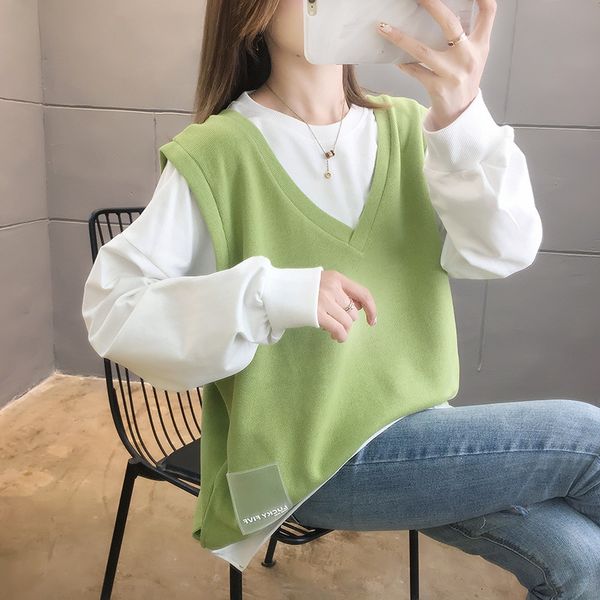 2021 autumn sweater female student loose large women's drs round neck fake two solid color long sleeve korean coats, Black
2021 autumn sweater female student loose large women's drs round neck fake two solid color long sleeve korean coats, Black