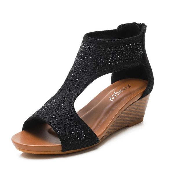 woman's summer wedge sandals women pu leather mid heel wedges shoes hollow out shiny female of zip footwear, Black
woman's summer wedge sandals women pu leather mid heel wedges shoes hollow out shiny female of zip footwear, Black