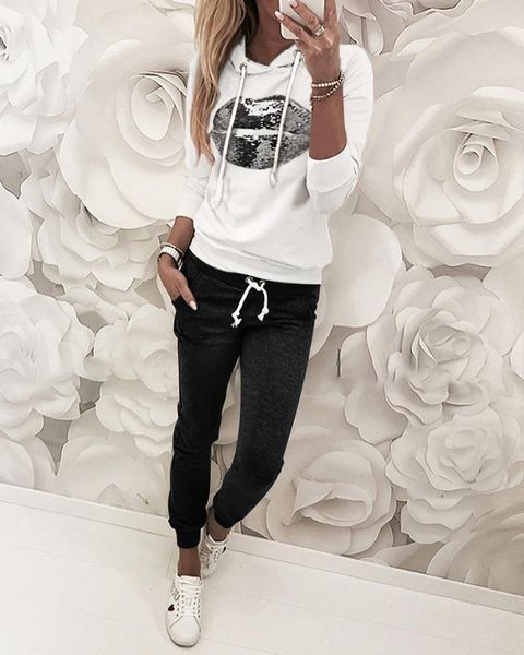 two piece dress fashion long sleeve women sweatsuit lip sequin 2 pieces outfits for sporty and pant set, White
two piece dress fashion long sleeve women sweatsuit lip sequin 2 pieces outfits for sporty and pant set, White