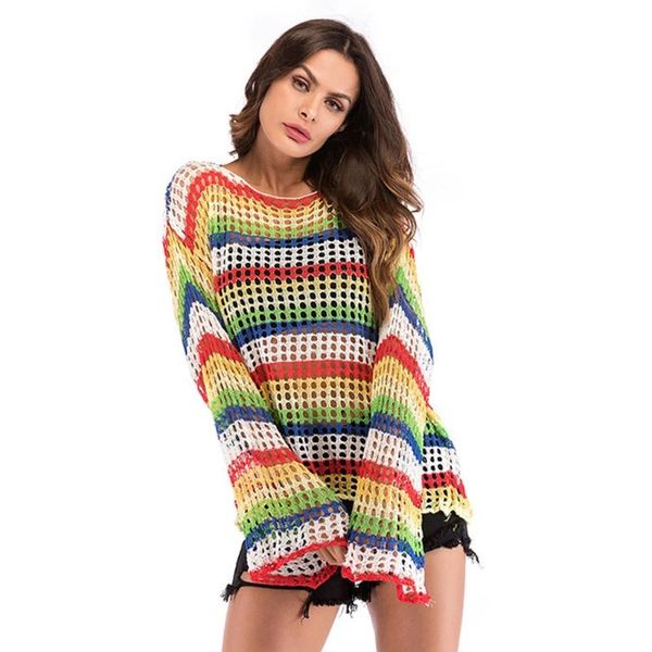 women's sweaters women rainbow stripe flared long sleeve knit sweater hollow out crochet pullover, White;black
women's sweaters women rainbow stripe flared long sleeve knit sweater hollow out crochet pullover, White;black