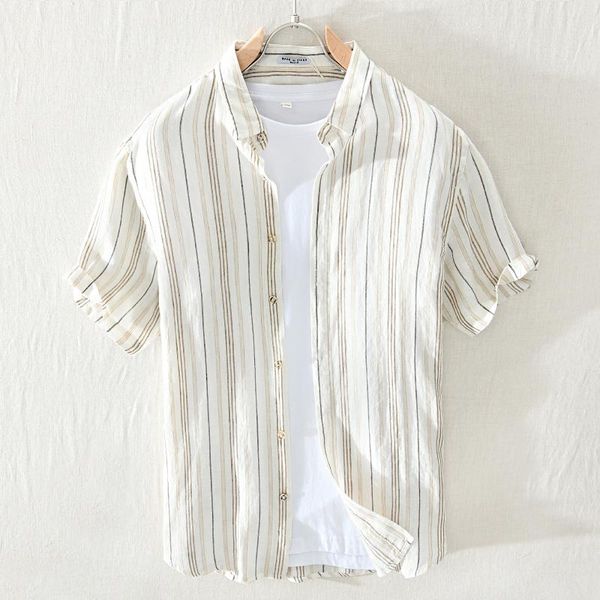 men's casual shirts men striped shirt fashion short sleeve summer pure linen stripe turn-down collar button up clothes, White;black
men's casual shirts men striped shirt fashion short sleeve summer pure linen stripe turn-down collar button up clothes, White;black
