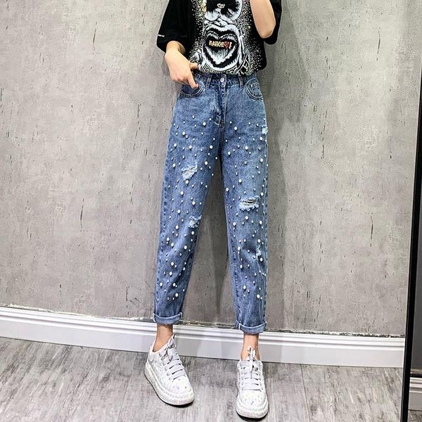 women's jeans 2021 early autumn heavy industry ripped beaded straight loose slimming high waist harem pants, Blue
women's jeans 2021 early autumn heavy industry ripped beaded straight loose slimming high waist harem pants, Blue
