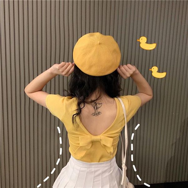 women's t-shirt 2021 summer short open navel female sleeve student yuan sufeng bow bare back, White
women's t-shirt 2021 summer short open navel female sleeve student yuan sufeng bow bare back, White