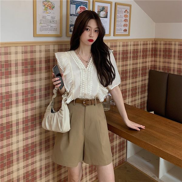 blouses 2 piece shirts sets elegant half sleeve ruffles lace blouse women loose high waist wide leg khaki shorts female, White
blouses 2 piece shirts sets elegant half sleeve ruffles lace blouse women loose high waist wide leg khaki shorts female, White
