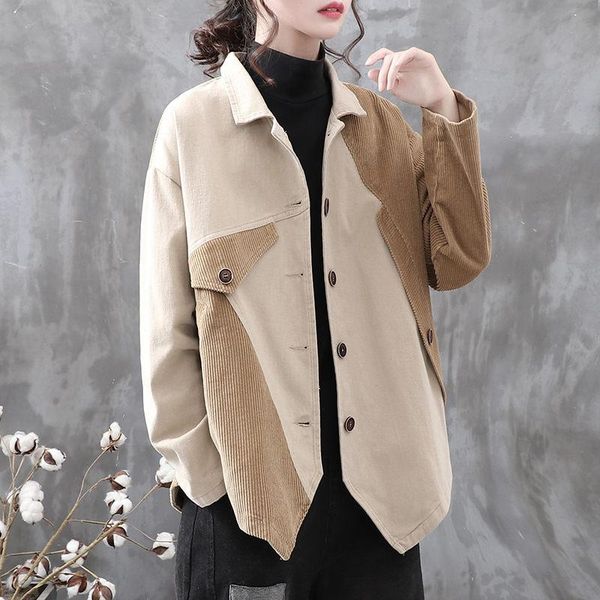 women's trench coats retro corduroy stitching cotton casual jacket female spring and autumn color matching women loose large size e003, Tan;black
women's trench coats retro corduroy stitching cotton casual jacket female spring and autumn color matching women loose large size e003, Tan;black