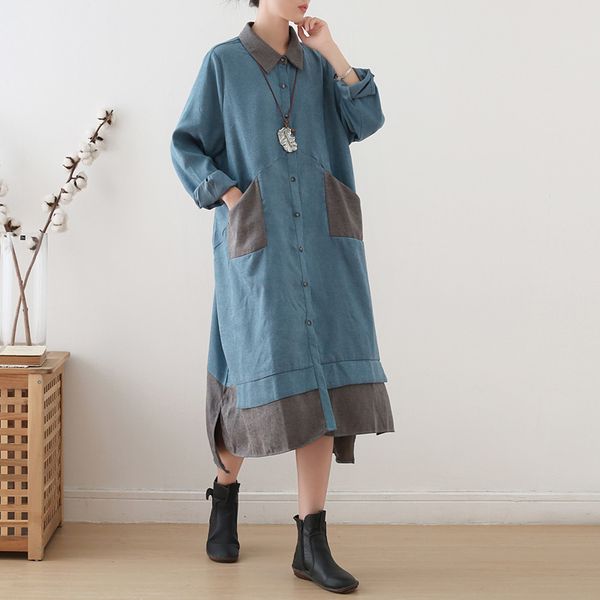 johnature women vintage shirts dress patchwork autumn long sleeve button pockets loose women cloths casual dresses 210521, Black;gray
johnature women vintage shirts dress patchwork autumn long sleeve button pockets loose women cloths casual dresses 210521, Black;gray