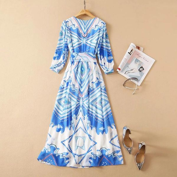 summer 2021 women spring runway fashion 3/4 lantern sleeve blue geometric print elegant party holiday dress casual dresses, Black;gray