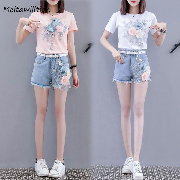 women beading 2 piece sets summer embroidery 3d flower suit 2021 casual short sleeve t shirt + denim shorts two dress, White
women beading 2 piece sets summer embroidery 3d flower suit 2021 casual short sleeve t shirt + denim shorts two dress, White