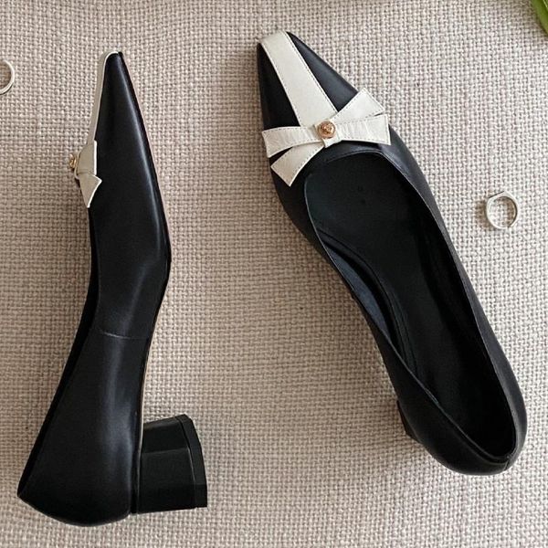 women's genuine leather mix color patchwork pointed toe slip-on thick high heel pumps bow tie sweet korean style daily shoes, Black
women's genuine leather mix color patchwork pointed toe slip-on thick high heel pumps bow tie sweet korean style daily shoes, Black