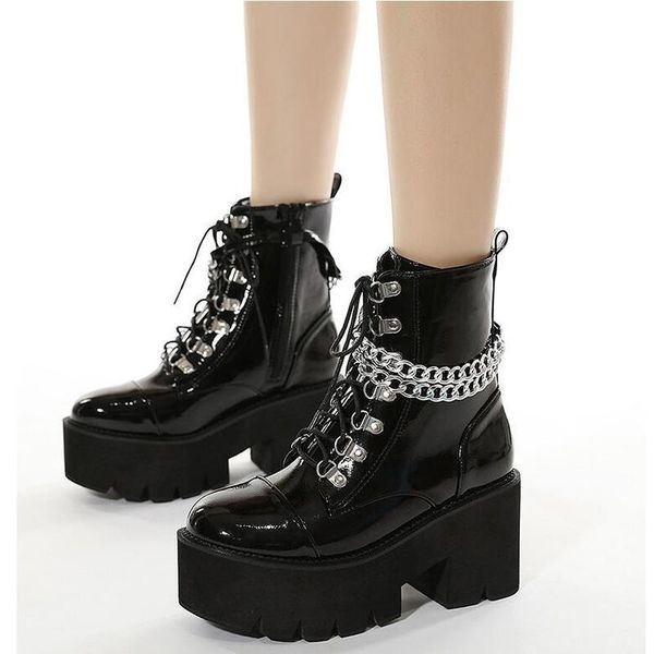 boots 2022 women ankle motorcycle patent leather lace up side zipper thick platform breathable blace classic females shoes, Black
boots 2022 women ankle motorcycle patent leather lace up side zipper thick platform breathable blace classic females shoes, Black