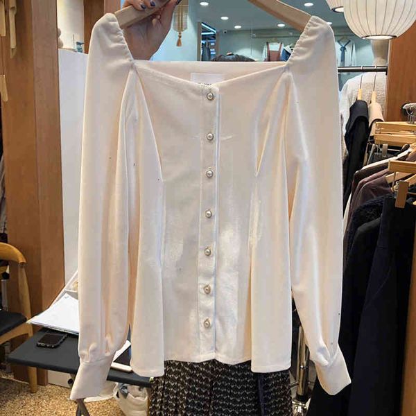 sweet cold shoulder buttoned shirts women blouses temperament square collar blusas mujer simple woman long sleeve 210514, White 
sweet cold shoulder buttoned shirts women blouses temperament square collar blusas mujer simple woman long sleeve 210514, White