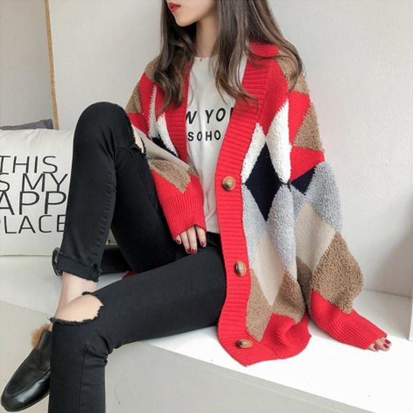 women's wool & blends fashion casual winter sweaters v-neck autumn knit cardigans puff sleeve loose plaid single breasted thick sweater, Black
women's wool & blends fashion casual winter sweaters v-neck autumn knit cardigans puff sleeve loose plaid single breasted thick sweater, Black