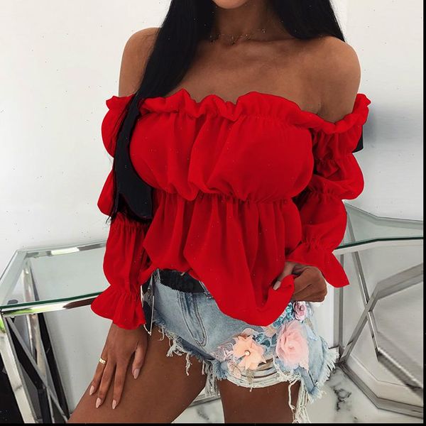 and solid women shirt color off shoulder ruff sleeve long ruffled blouse, White
and solid women shirt color off shoulder ruff sleeve long ruffled blouse, White