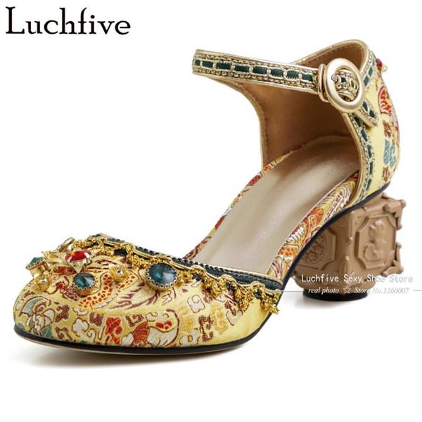 crystals embroidery sandals women retro square heel summer shoes round toe buckle strap gold woman, Black
crystals embroidery sandals women retro square heel summer shoes round toe buckle strap gold woman, Black