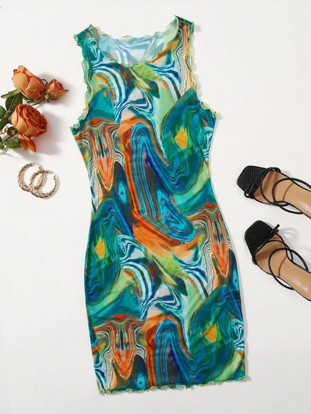 lettuce trim marble print bodycon dress k3ad#, Black;gray