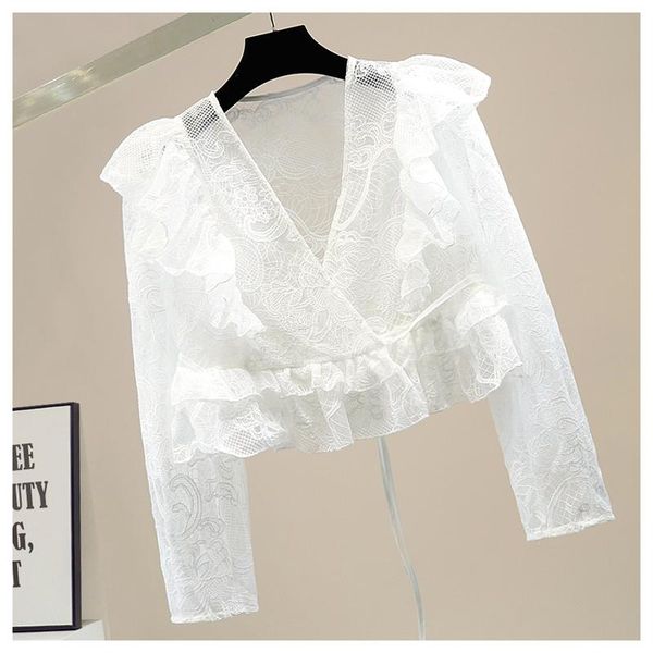 women's blouses & shirts lantern sleeve lace blouse woman fashion cross v-neck up ruffled crochet hollow out transparent cropped shirt, White
women's blouses & shirts lantern sleeve lace blouse woman fashion cross v-neck up ruffled crochet hollow out transparent cropped shirt, White