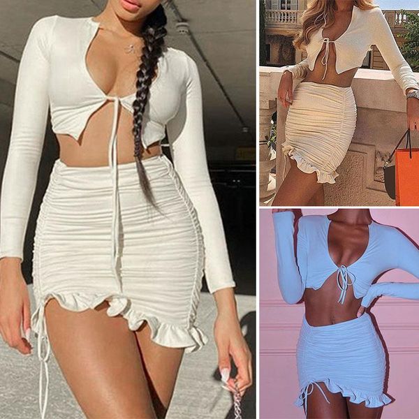 women's tracksuits ruffles ruched drawstring club women matching sets long sleeve v neck and skirts 2 piece outfits, Gray
women's tracksuits ruffles ruched drawstring club women matching sets long sleeve v neck and skirts 2 piece outfits, Gray