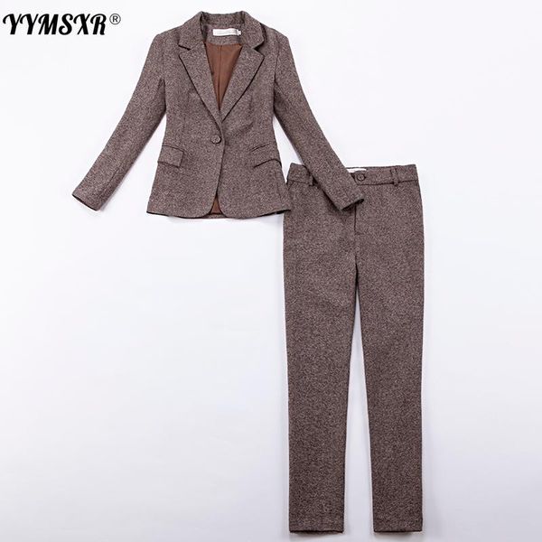 women's two piece pants autumn and winter long-sleeved woolen thickened suit jacket plaid professional female office interview outfit, White