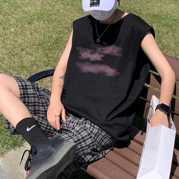 men' tank 2021 cloud print vest summer waistcoat sleeveless t-shirt hong kong style loose outer wear, White;black
men' tank 2021 cloud print vest summer waistcoat sleeveless t-shirt hong kong style loose outer wear, White;black
