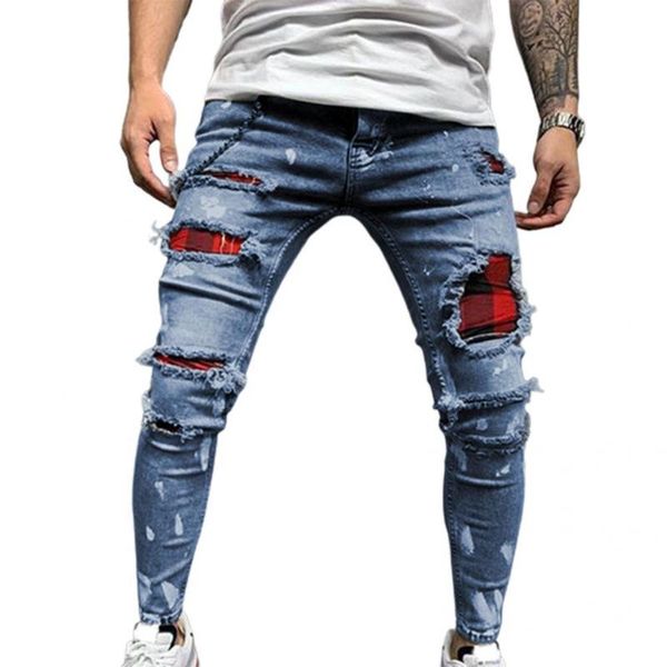 men's jeans quilted embroidered skinny ripped grid stretch denim pants man elastic waist patchwork jogging trousers, Blue
men's jeans quilted embroidered skinny ripped grid stretch denim pants man elastic waist patchwork jogging trousers, Blue