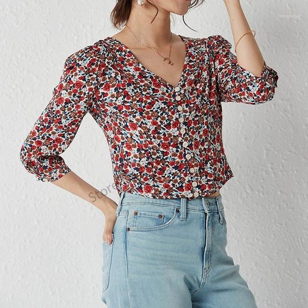 women vintage v-neck blouse polka dot floral print 2021 summer single-breasted three quarter sleeve lady sweet short shirt women's blou, White
women vintage v-neck blouse polka dot floral print 2021 summer single-breasted three quarter sleeve lady sweet short shirt women's blou, White