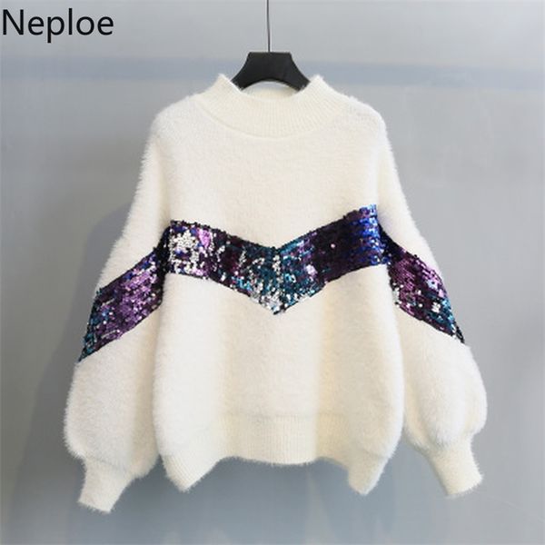 autumn winter half high neck pullover knit sweater women sequined imitation water-velvet loose lantern sleeve pull femme 210422, White;black
autumn winter half high neck pullover knit sweater women sequined imitation water-velvet loose lantern sleeve pull femme 210422, White;black