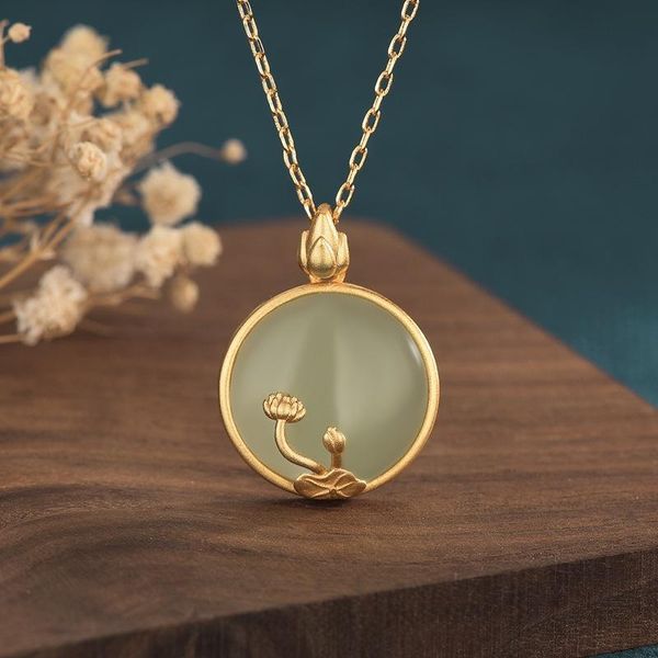 chinese retro court style design jade inlaid round gold lotus pendant classic lady necklace jewelry gift necklaces, Silver
chinese retro court style design jade inlaid round gold lotus pendant classic lady necklace jewelry gift necklaces, Silver
