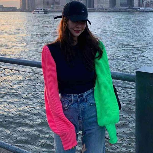 korean retro rainbow color contrast wind bubble sleeve loose knit pullover sweater casual cotton winter 210603, White;black 
korean retro rainbow color contrast wind bubble sleeve loose knit pullover sweater casual cotton winter 210603, White;black