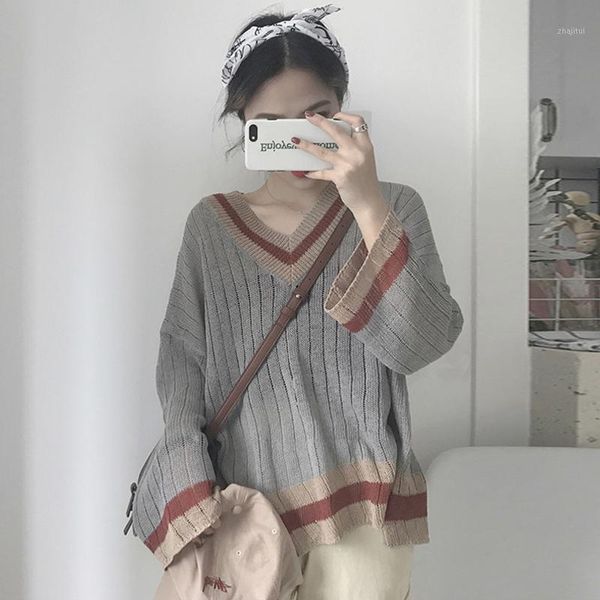 women's sweaters korean chic loose v-neck knitted clothing autumn fashion patchwork long sleeve pullovers casual ladies, White;black
women's sweaters korean chic loose v-neck knitted clothing autumn fashion patchwork long sleeve pullovers casual ladies, White;black