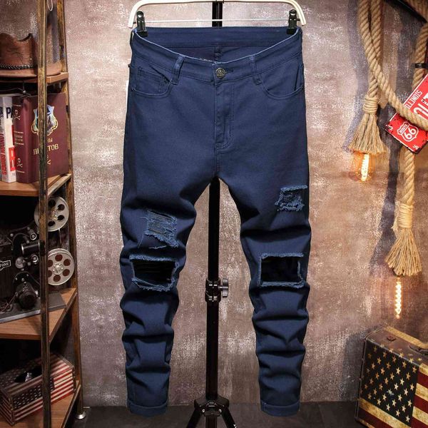 jeans skinny slim casual knee hole ripped homme retro royal blue denim trousers size 40 male