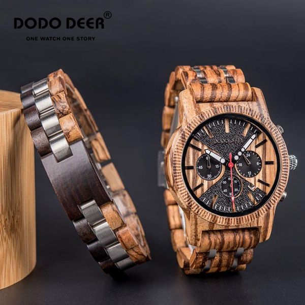 wristwatches relojes para hombre dodo deer wood for men chronograph calendar military watch stainless steel bracelet c08, Slivery;brown