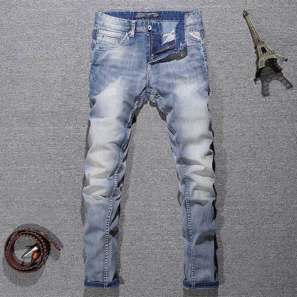 italian style fashion men jeans retro light blue elastic cotton slim fit distred vintage designer casual denim pants
italian style fashion men jeans retro light blue elastic cotton slim fit distred vintage designer casual denim pants