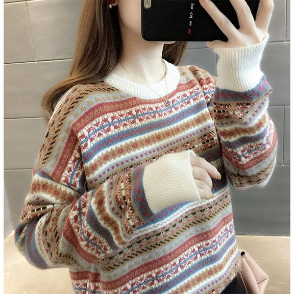 women's sweaters vintage striped knitted women sweater and pullovers o-neck thicken warm long-sleeved female pulls outwear, White;black
women's sweaters vintage striped knitted women sweater and pullovers o-neck thicken warm long-sleeved female pulls outwear, White;black