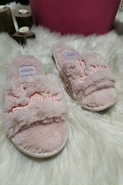 women home slipper powder love embroidered slippers, Black